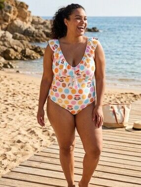 Paul Frank Womens Plus Polka Dot One-Piece‎ Swimsuit Ruffle Straps Whimsical